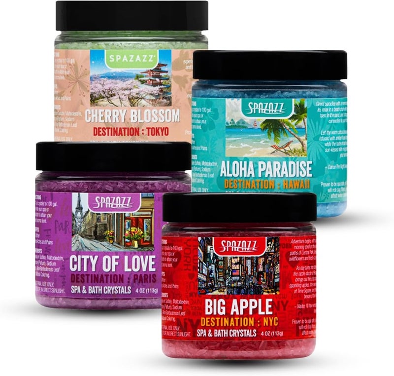 Spazazz Hot Tub Aromatherapy Destination Collection Bath Salt Crystals Four 4oz Pack  Aloha Paradise Big Apple City of Love Cherry Blossom  Bath Salts Perfect for Hot Tubs Baths and Foot Soaks