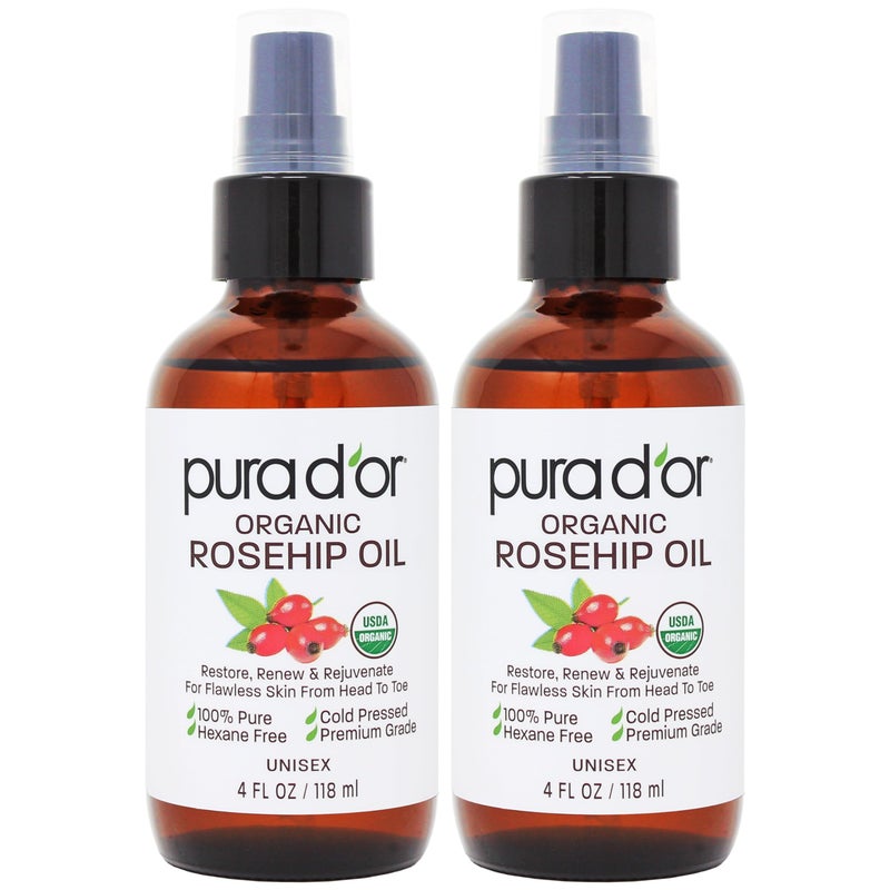 PURA D'OR ORGANIC Rosehip Seed Oil Hair Relaxer (4 Oz x2 = 8 Oz) 100% Pure Cold Pressed USDA Certified All Natural Anti-Aging, Scar Treatment, Gua Sha Massage, Face, Hair & Skin - Women & Men - Image 1