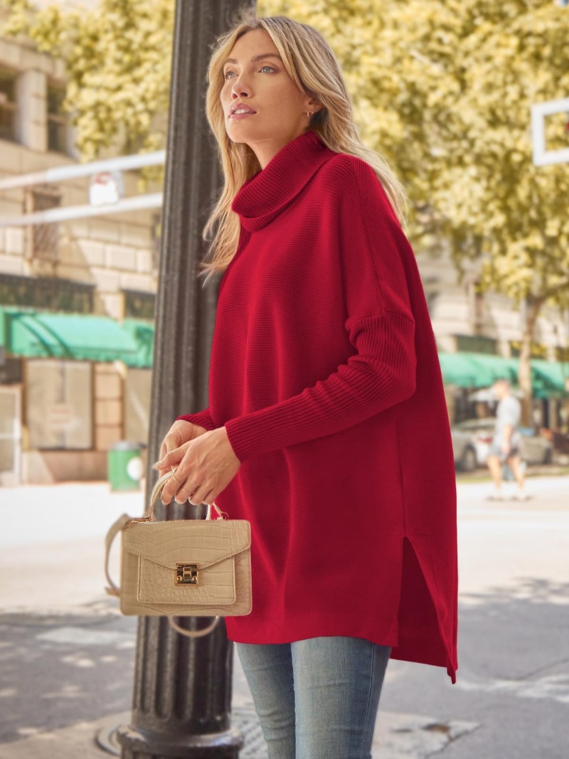 LILLUSORY Oversized Turtleneck Pullover Sweater Women 2025 Long Tunic Cozy Winter Trendy Plus Size Poncho Cowl Neck Cute Casual Early Fall Fashion Must Have Work Old Money Clothes Outfit Clothing Red - Image 3