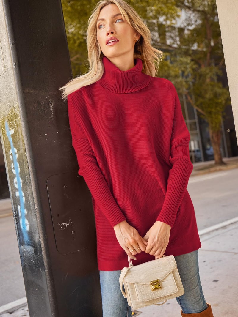 LILLUSORY Oversized Turtleneck Pullover Sweater Women 2025 Long Tunic Cozy Winter Trendy Plus Size Poncho Cowl Neck Cute Casual Early Fall Fashion Must Have Work Old Money Clothes Outfit Clothing Red - Image 2