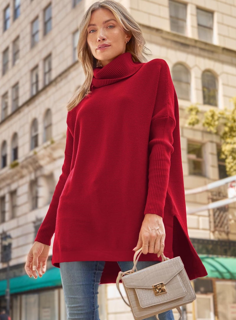 LILLUSORY Oversized Turtleneck Pullover Sweater Women 2025 Long Tunic Cozy Winter Trendy Plus Size Poncho Cowl Neck Cute Casual Early Fall Fashion Must Have Work Old Money Clothes Outfit Clothing Red - Image 5