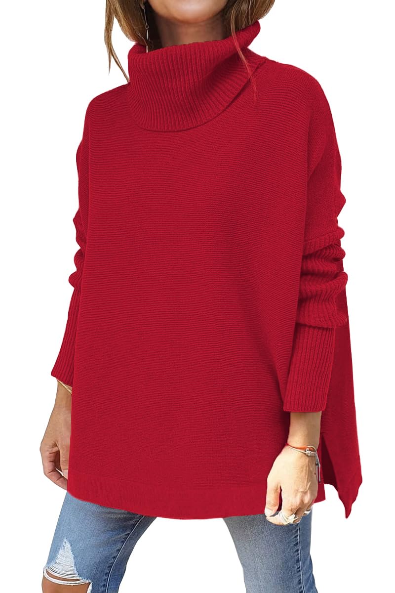 LILLUSORY Oversized Turtleneck Pullover Sweater Women 2025 Long Tunic Cozy Winter Trendy Plus Size Poncho Cowl Neck Cute Casual Early Fall Fashion Must Have Work Old Money Clothes Outfit Clothing Red - Image 1