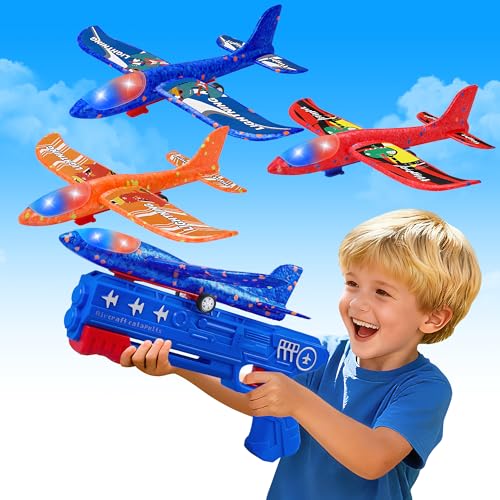 LJZJ 3 Pack Airplane Launcher Toys 2 Flight Modes LED Foam Glider Catapult Plane Outdoor Flying Toy for Kids Birthday Gifts for Boy Girl 3 Year Old BDay Party Supplies - Image 1