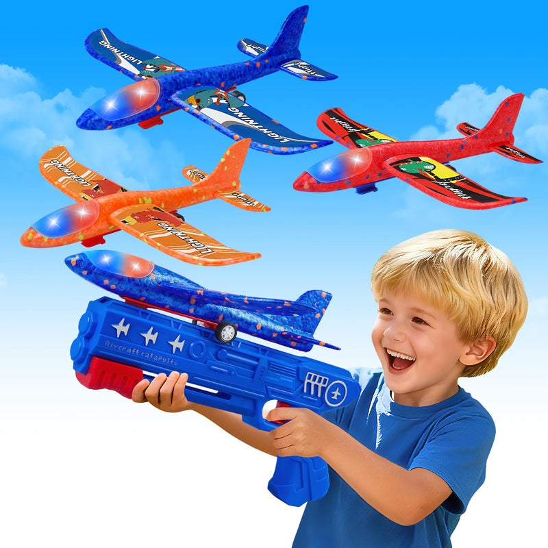 LJZJ 3 Pack Airplane Launcher Toys 2 Flight Modes LED Foam Glider Catapult Plane Outdoor Flying Toy for Kids Birthday Gifts for Boy Girl 3 Year Old BDay Party Supplies - Image 3