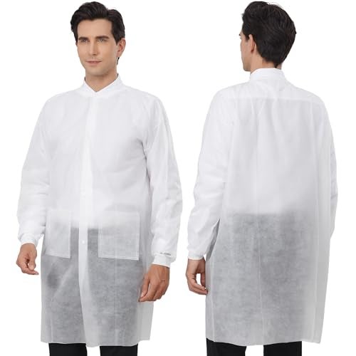 Greenour Disposable Lab Coats for Adults with Pockets White Lab Jackets with Knitted Cuffs and Collar Pack of 10 (Medium) - Image 1
