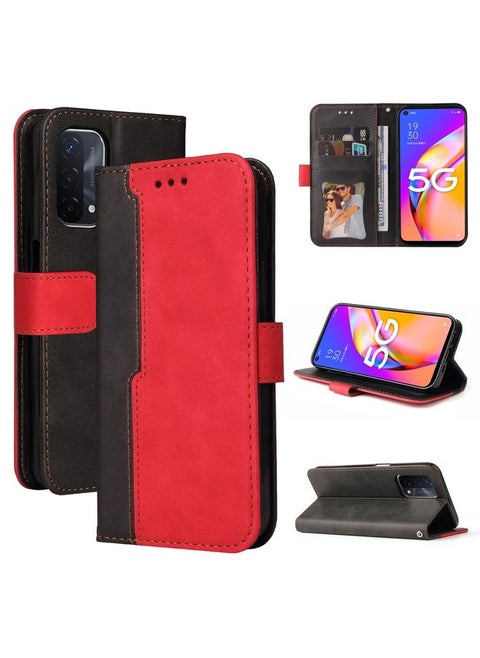 For OPPO A93 5G CN Version/A74 5G/A54 5G Business Stitching-Color Horizontal Flip PU Leather Case with Holder & Card Slots & Photo Frame & Lanyard(Red)
