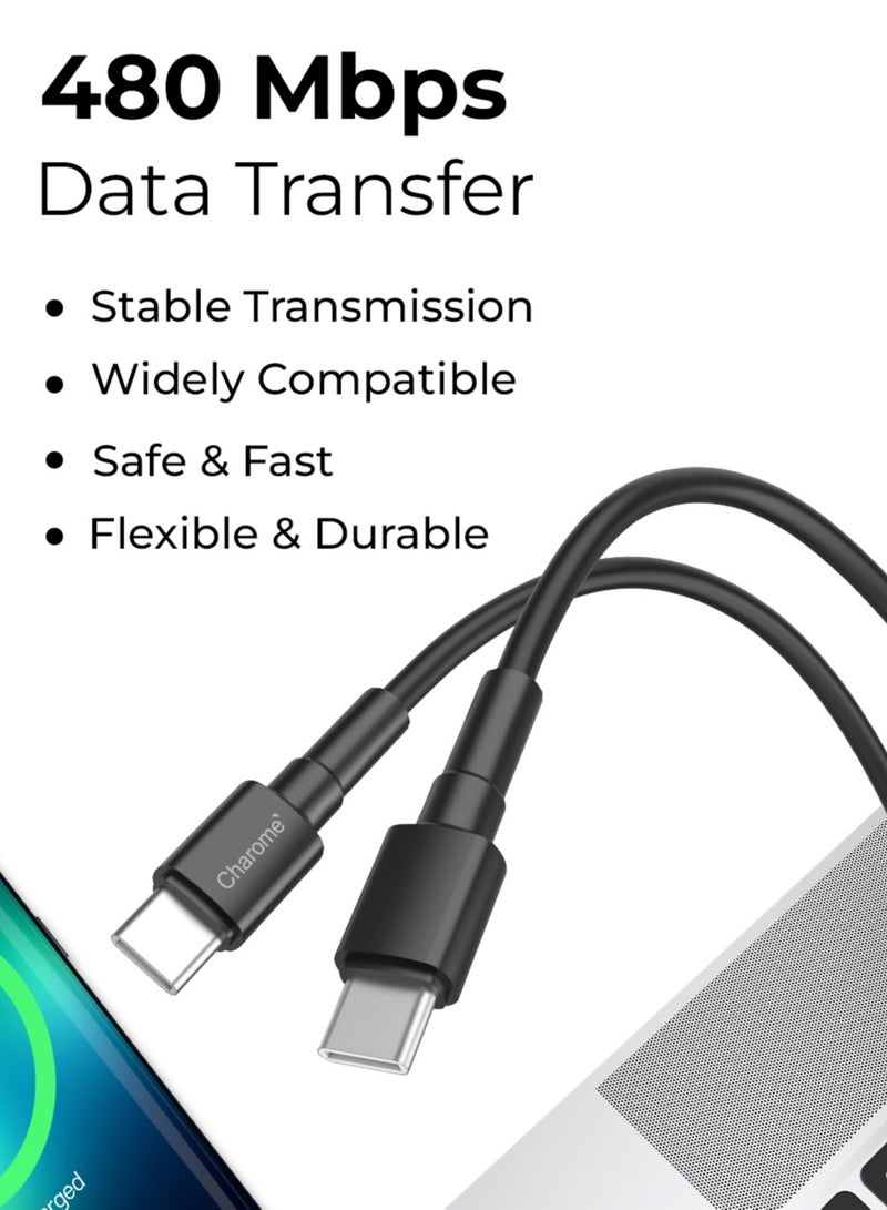 Charome كابل USB-C إلى USB-C الممتاز: شحن سريع، نقل بيانات عالي السرعة، طول 1 متر، حماية أثناء الشحن، مزامنة البيانات، وتصميم متين مقاوم للانحناء - Image 2