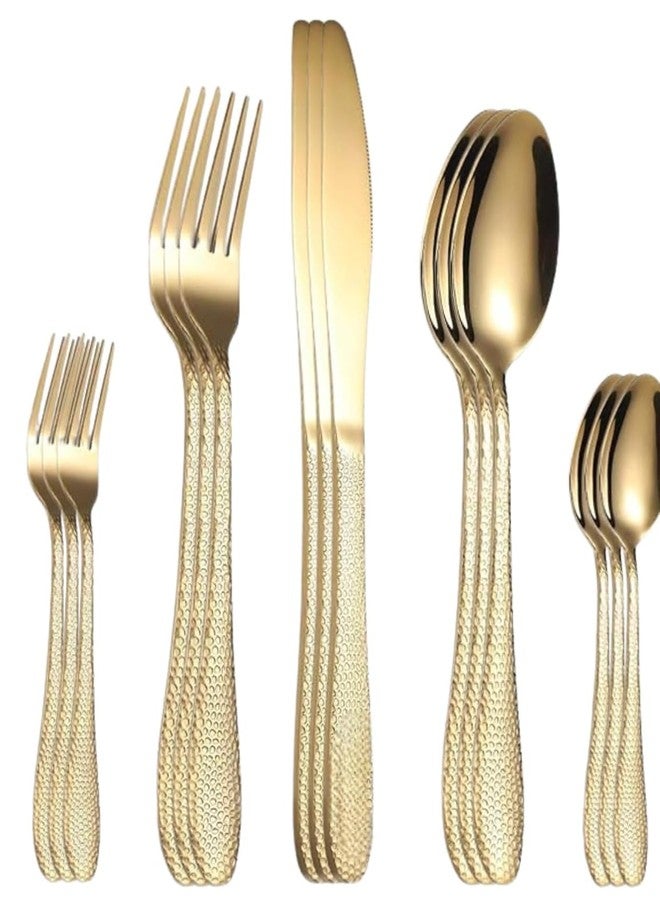 Eletree Stainless Steel Flatware Set | Hammered Handle Cutlery with Salad Forks Dinner Forks Tea Spoons Dinner Spoons and Knives | Dishwasher Safe Tableware for Home and Restaurant (15, Gold) - Image 1