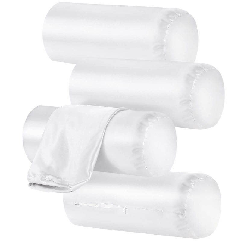 Remerry Remerry 4 Pack 17 x 7 Inches White Neck Roll Pillow Case Cover Only Round Bolster Cervical Roll Satin Cylinder Pillow Case Cover with Zipper 