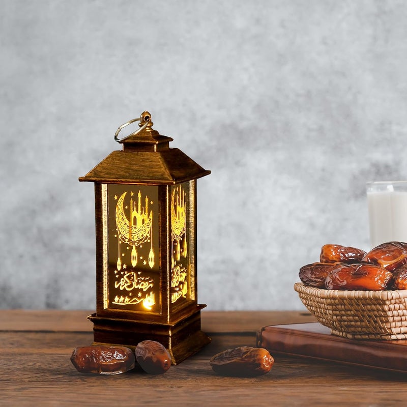 Glodecart 2 قطعة فانوس رمضان، قلعة صغيرة قمرية بنية داكنة، إضاءة LED، غير مقاوم للماء، ديكور المنزل، عيد مبارك، تركيب على الطاولة. - Image 4