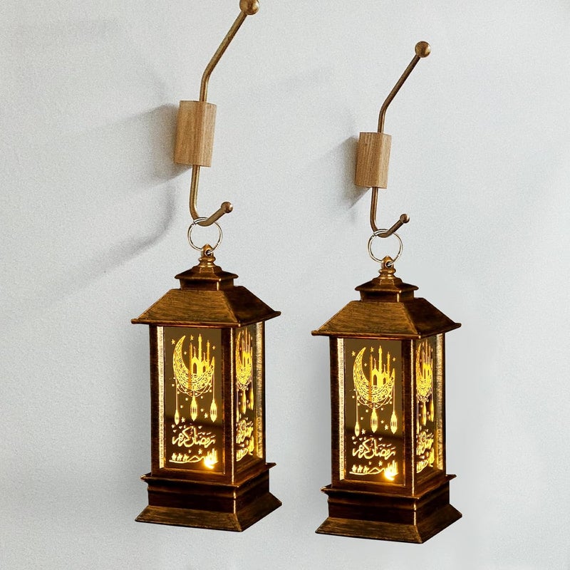 Glodecart 2 قطعة فانوس رمضان، قلعة صغيرة قمرية بنية داكنة، إضاءة LED، غير مقاوم للماء، ديكور المنزل، عيد مبارك، تركيب على الطاولة. - Image 5