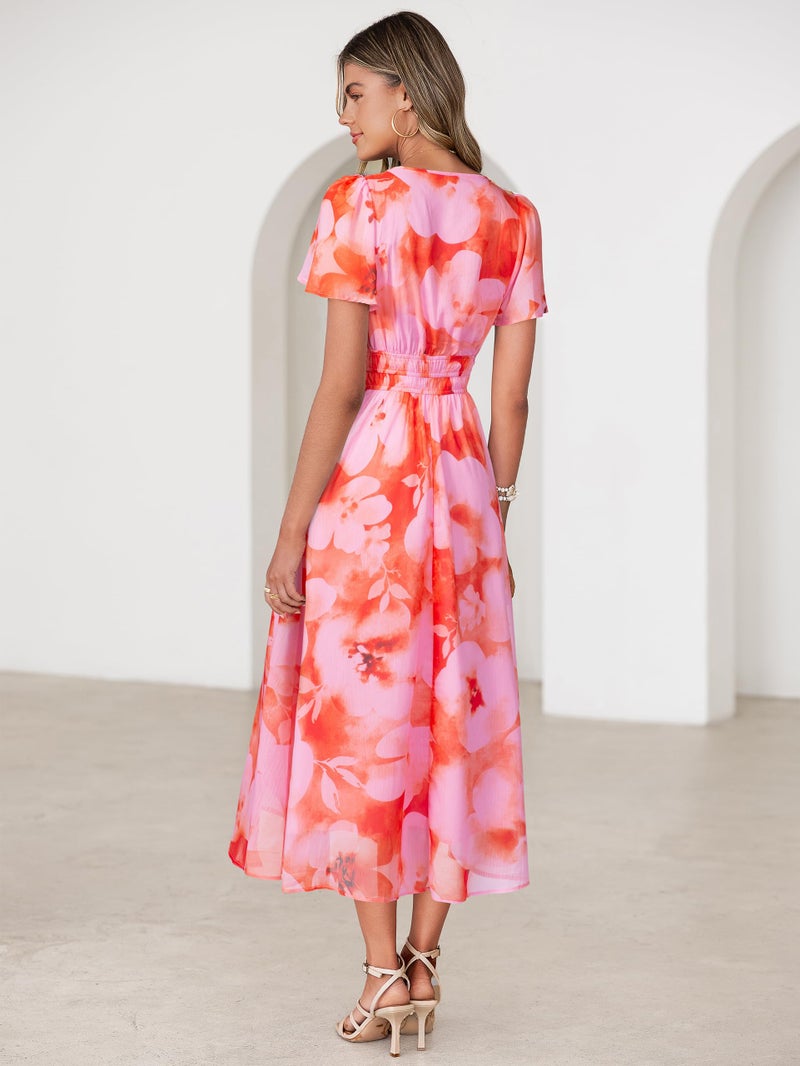 Simplee Women Floral Summer Maxi Dress Boho Flowy Casual Chiffon Short Sleeves V Neck Long Wedding Guest Dresses Pink Orange Floral L - Image 4