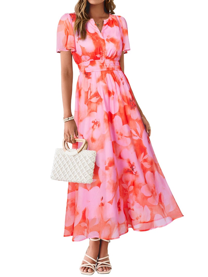 Simplee Women Floral Summer Maxi Dress Boho Flowy Casual Chiffon Short Sleeves V Neck Long Wedding Guest Dresses Pink Orange Floral L - Image 1