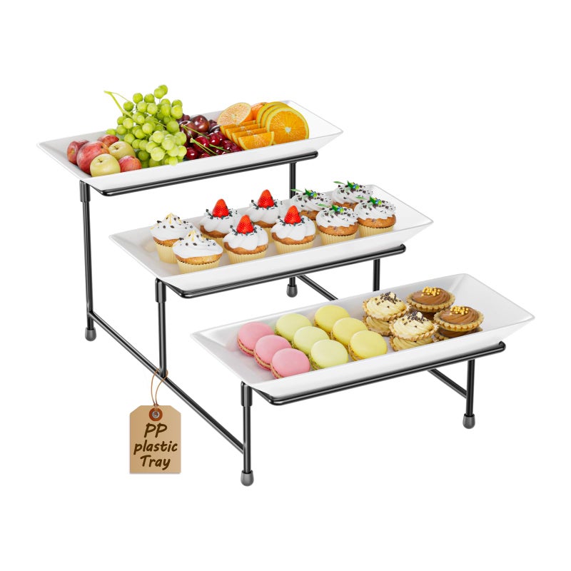 Abiglifty 3 Tier Servings Tray for Party, 12"x6" Tiered Serving Platters with Steel Display Stand for Sevring Food,Cookies,Veggie, Dessert,Fruit, Black - Image 1