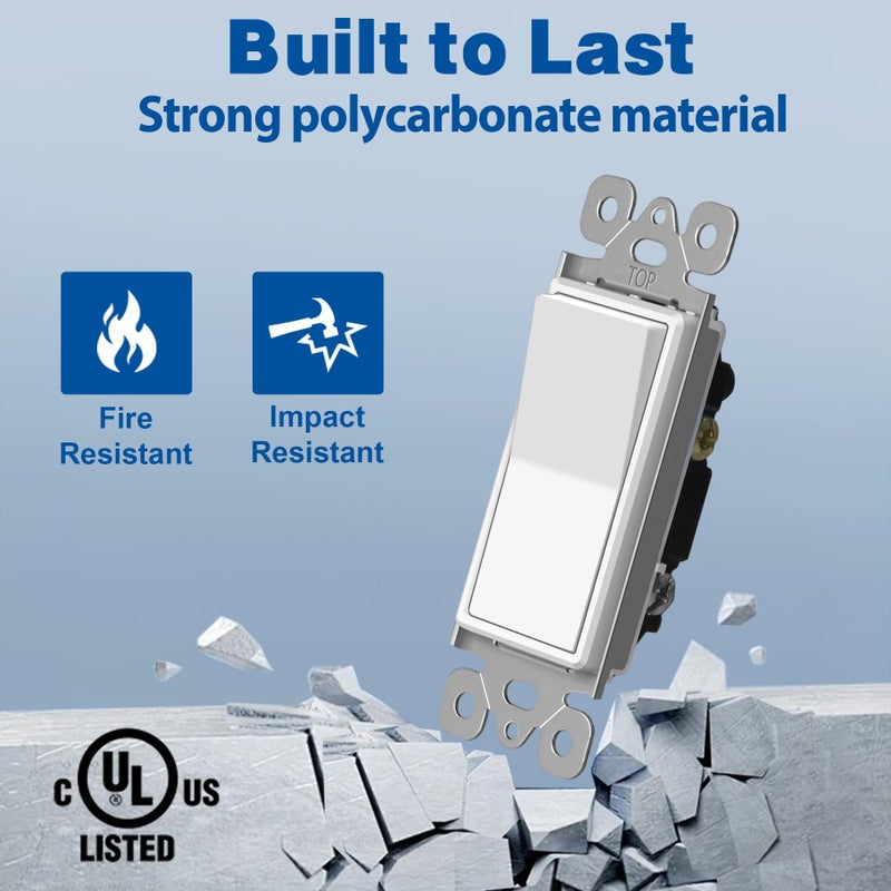 CML Hardware CML Single Pole Decorator Light Switch, 20 Pack Rocker Paddle Wall Switch, 15A 120/277V, On/Off Interrupter, UL Listed, White - Image 5