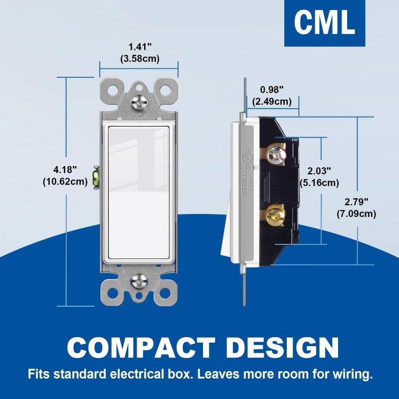 CML Hardware CML Single Pole Decorator Light Switch, 20 Pack Rocker Paddle Wall Switch, 15A 120/277V, On/Off Interrupter, UL Listed, White - Image 4