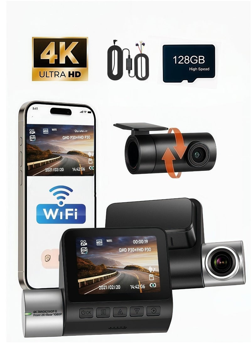 4K Dual-Channel Dash Cam (Front 4K + Rear 1080P) | Starlight Night Vision & 170° Ultra-Wide Angle | 3" IPS Touchscreen | Built-in GPS+ WiFi + Free 128GB Card(U3,V30,A2) | 24/7 Parking Mode with 3-Wire Hardwire Kit (ACC/B+/GND) - Image 1