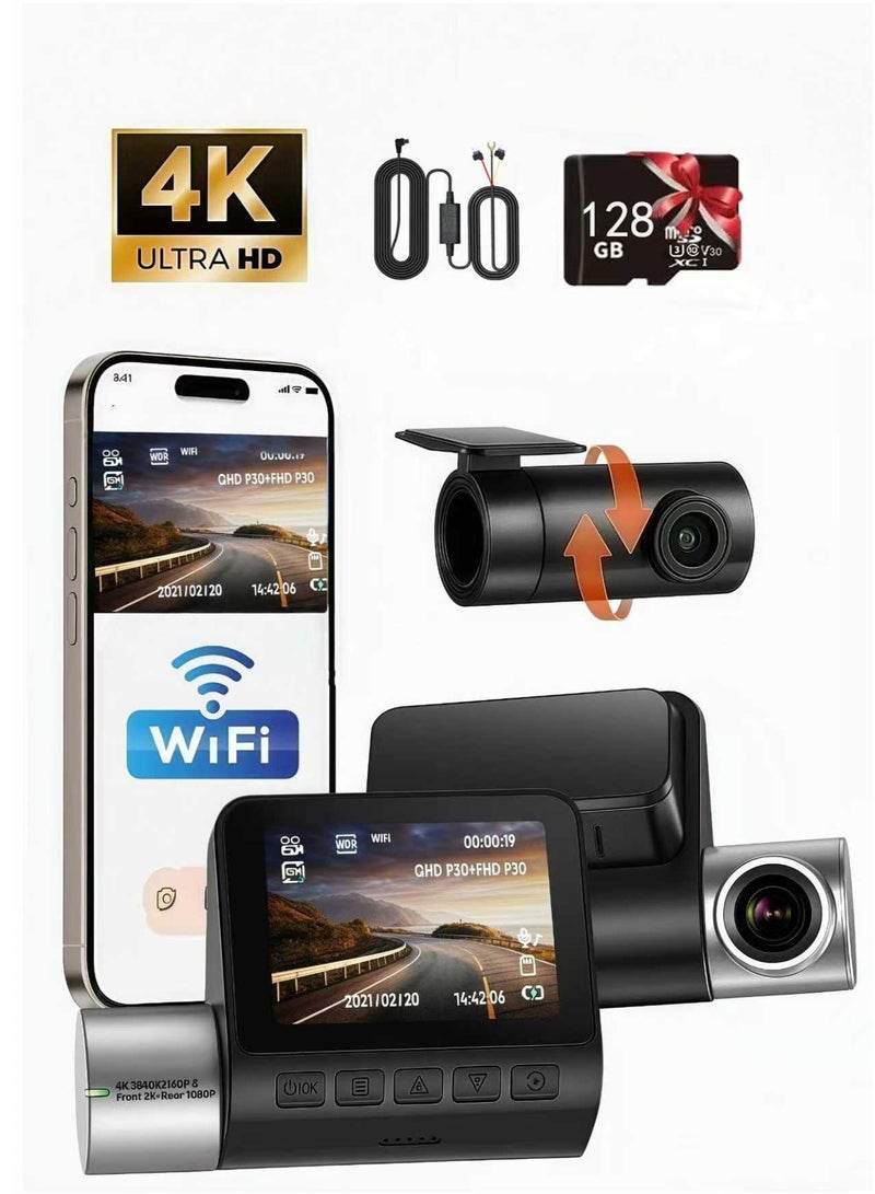 كاميرا سيارة ثنائية القناة 4K (أمام 4K + خلفي 1080P) | رؤية ليلية ستارلايت بزاوية واسعة 170° | شاشة لمس IPS مقاس 3 إنش | GPS وWi-Fi مدمجان مع بطاقة 128GB مجانية (U3/V30/A2) | وضع الموقف 24/7 مع طقم التوصيل الثلاثي (ACC/B+/GND) - Image 1