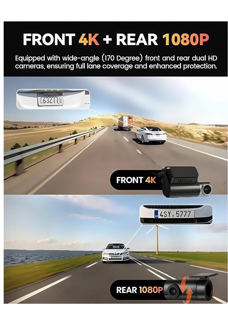 كاميرا سيارة ثنائية القناة 4K (أمام 4K + خلفي 1080P) | رؤية ليلية ستارلايت بزاوية واسعة 170° | شاشة لمس IPS مقاس 3 إنش | GPS وWi-Fi مدمجان مع بطاقة 128GB مجانية (U3/V30/A2) | وضع الموقف 24/7 مع طقم التوصيل الثلاثي (ACC/B+/GND) - Image 3