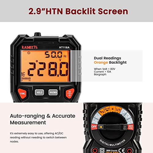 KAIWEETS HT118A Digital Multimeter TRMS 6000 Counts Ohmmeter Auto-Ranging Fast Accurately Measures Voltage Current Amp Resistance Diodes Continuity Duty-Cycle Capacitance Temperature (without battery) - Image 3