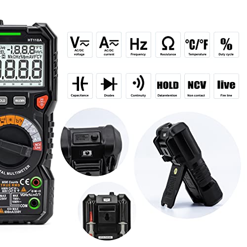 KAIWEETS HT118A Digital Multimeter TRMS 6000 Counts Ohmmeter Auto-Ranging Fast Accurately Measures Voltage Current Amp Resistance Diodes Continuity Duty-Cycle Capacitance Temperature (without battery) - Image 4