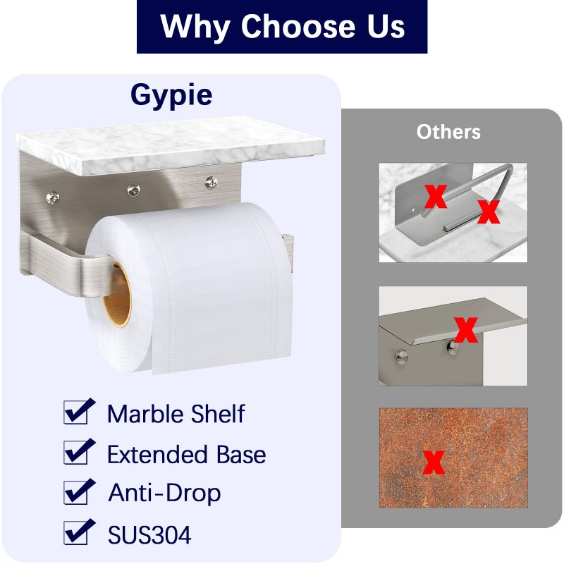 Gypie حامل ورق التواليت Gypie مع الرف الممتد الجدار المثبت على الجدار الرخامي حامل اللف - Image 5