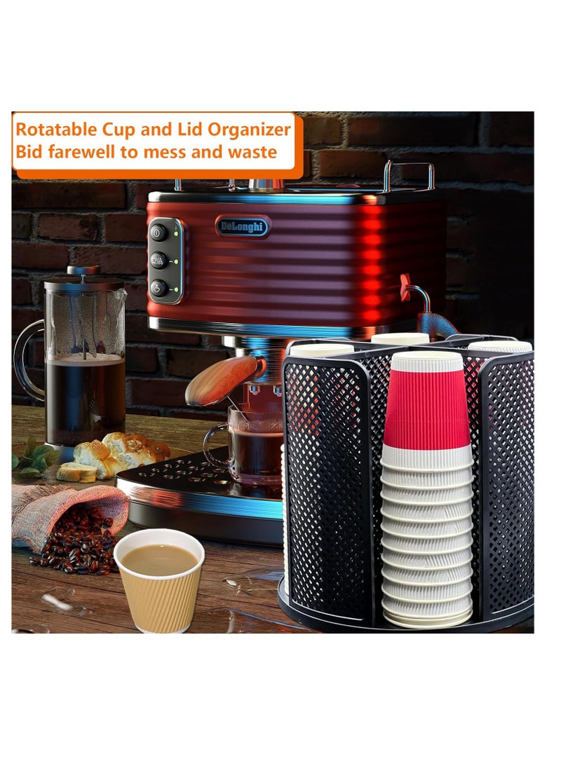 Cup and Lid Organizer Rotatable Coffee Cup Dispenser fit 5-16oz Cups Organizer,Paper Cup Storage Holder with 4 Compartment,Plastic Cup Rack for Countertop,Coffee Shop,Office(Black)