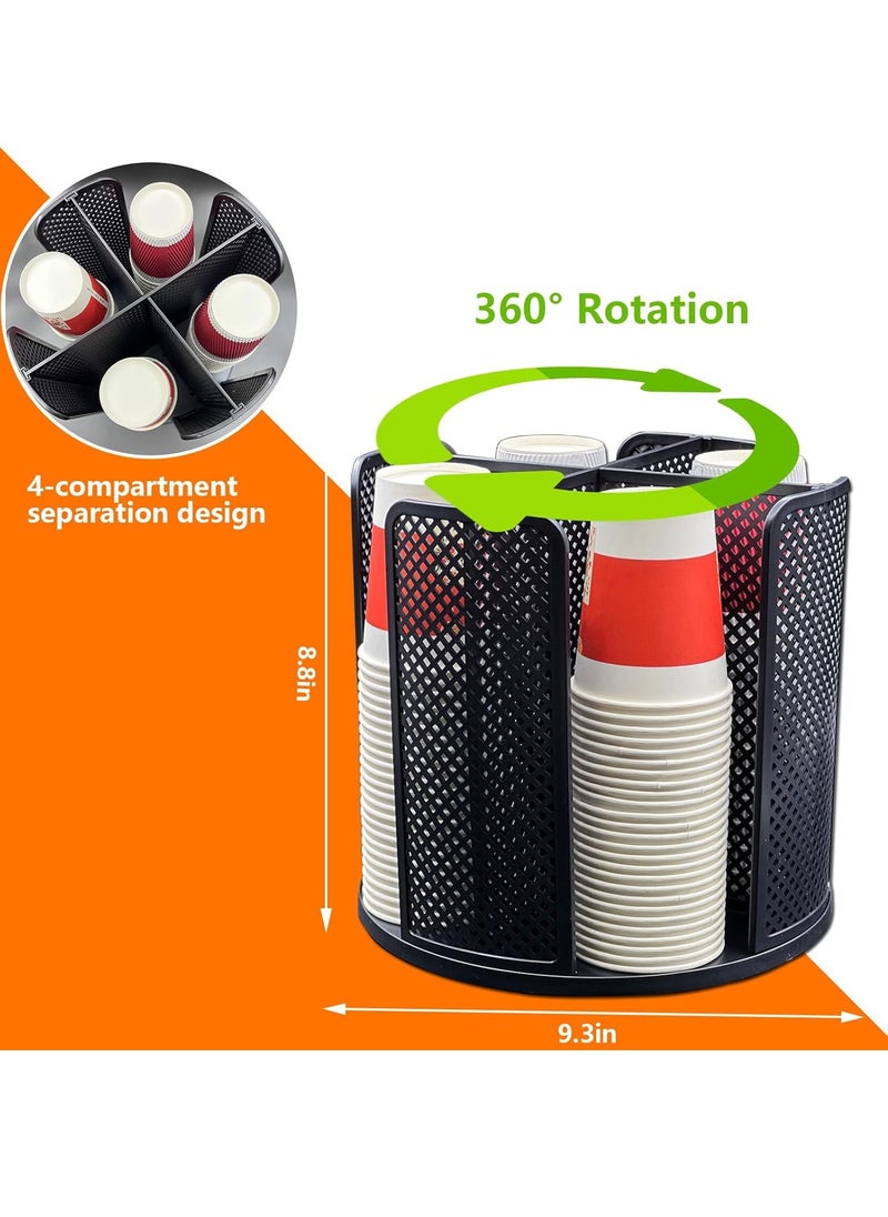 Cup and Lid Organizer Rotatable Coffee Cup Dispenser fit 5-16oz Cups Organizer,Paper Cup Storage Holder with 4 Compartment,Plastic Cup Rack for Countertop,Coffee Shop,Office(Black)
