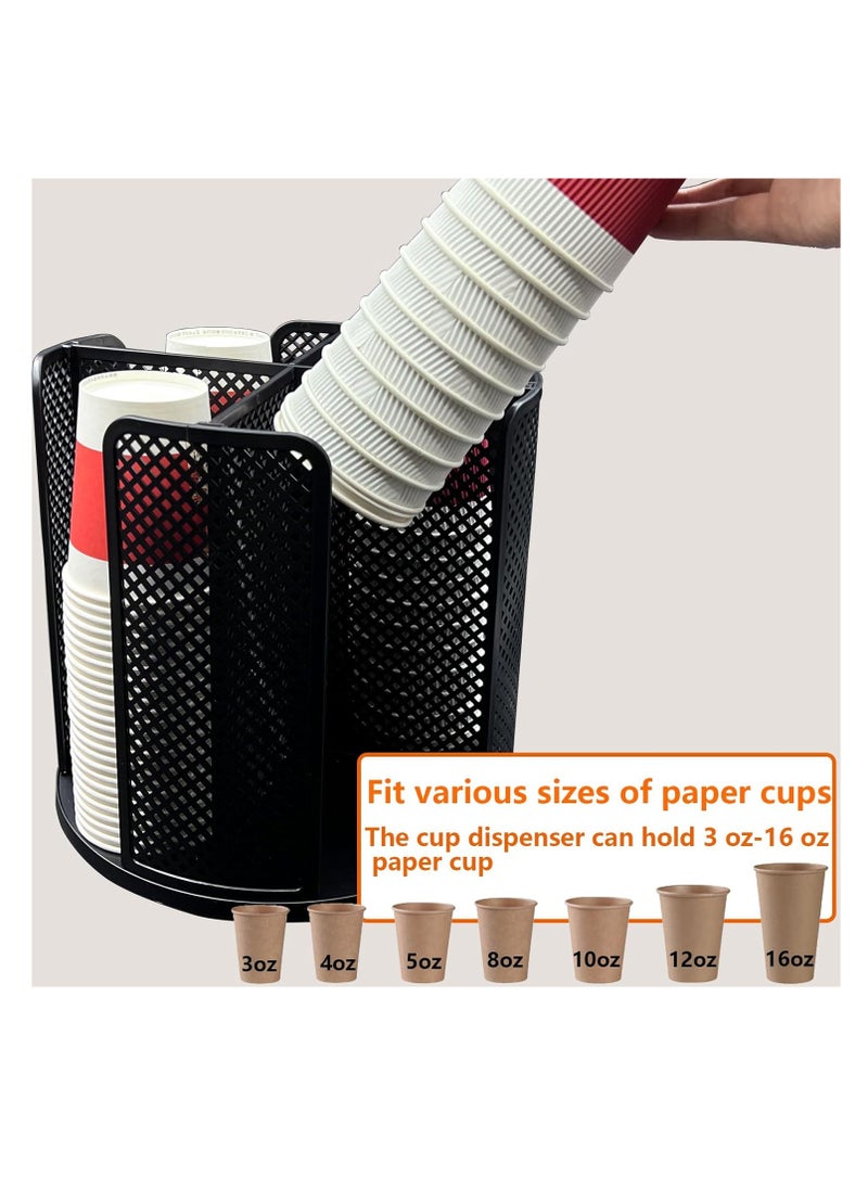 Cup and Lid Organizer Rotatable Coffee Cup Dispenser fit 5-16oz Cups Organizer,Paper Cup Storage Holder with 4 Compartment,Plastic Cup Rack for Countertop,Coffee Shop,Office(Black)