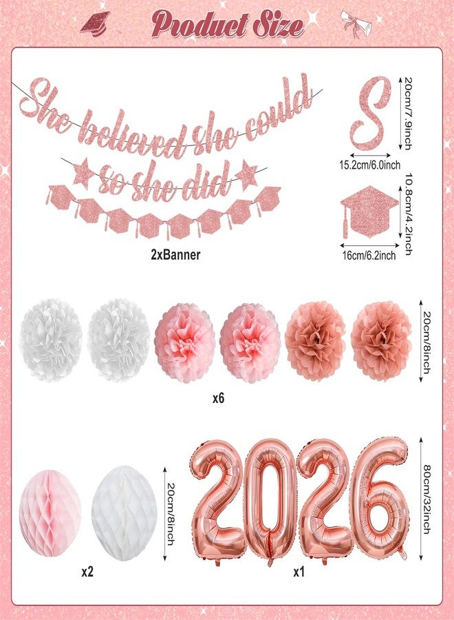 LANGASQUE Pink Graduation Decorations Class of 2026, Pink Graduation Decorations Include She Believed She Could Banner Garland Hanging Swirls Balloons Paper Pompoms Honeycomb Balls for Graduation Decorations - Image 2