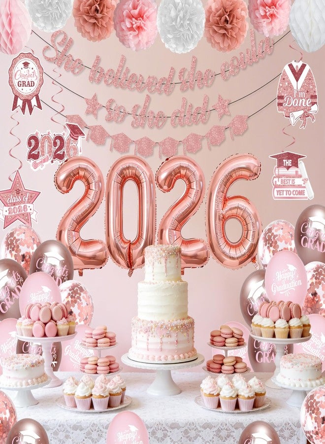 LANGASQUE Pink Graduation Decorations Class of 2026, Pink Graduation Decorations Include She Believed She Could Banner Garland Hanging Swirls Balloons Paper Pompoms Honeycomb Balls for Graduation Decorations - Image 4