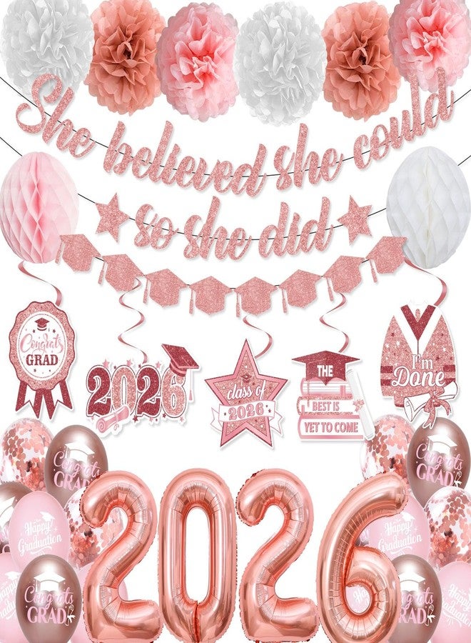 LANGASQUE Pink Graduation Decorations Class of 2026, Pink Graduation Decorations Include She Believed She Could Banner Garland Hanging Swirls Balloons Paper Pompoms Honeycomb Balls for Graduation Decorations - Image 1