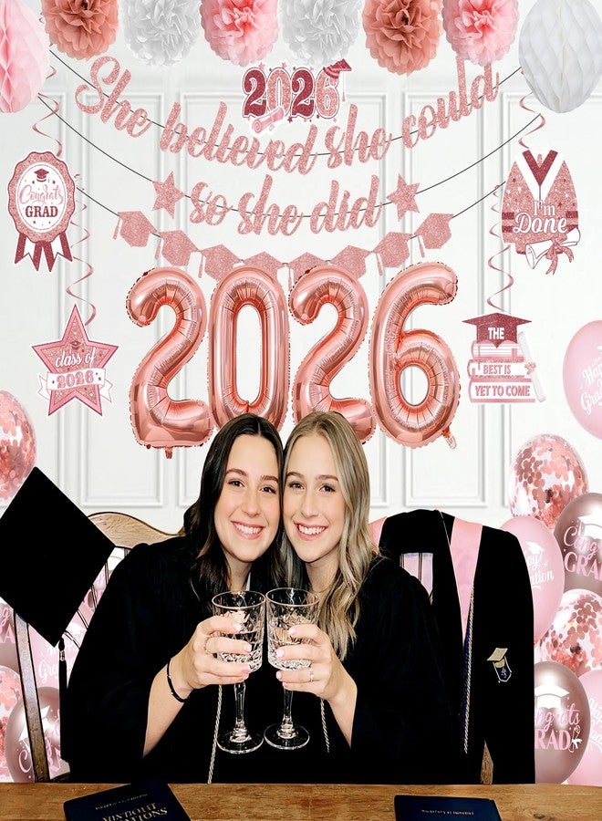 LANGASQUE Pink Graduation Decorations Class of 2026, Pink Graduation Decorations Include She Believed She Could Banner Garland Hanging Swirls Balloons Paper Pompoms Honeycomb Balls for Graduation Decorations - Image 5