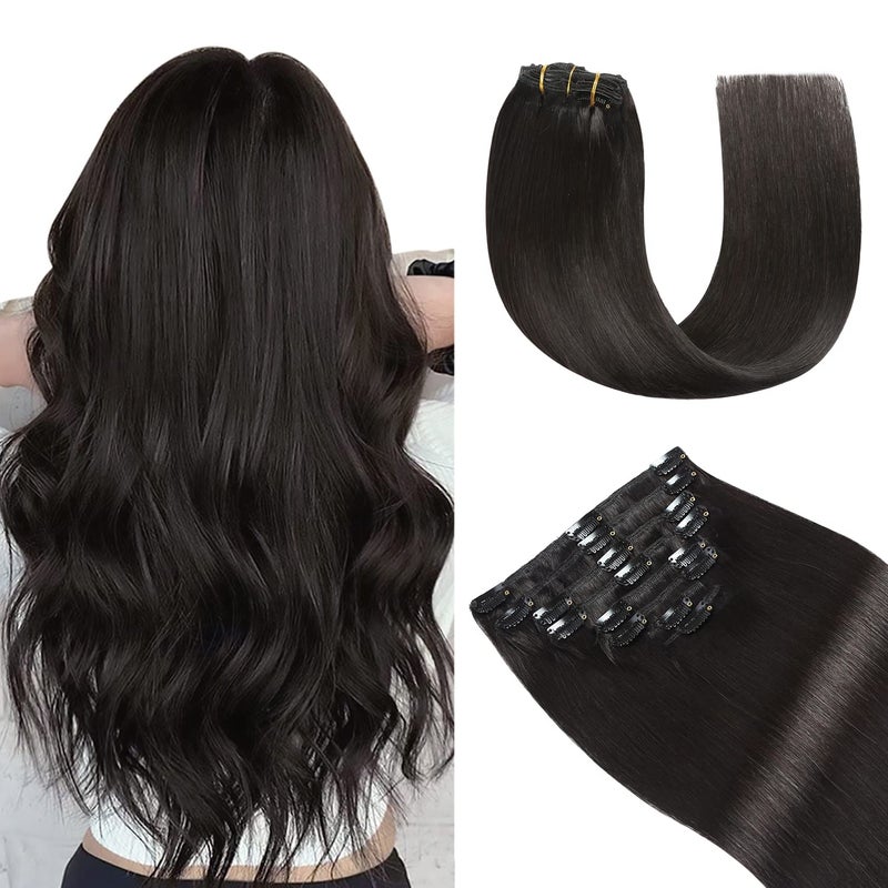 YILITE Clip in Hair Extensions Real Human Hair 8PcsPack 120g Double Weft Invisible Off Black Straight Silky Hair Clip in Human Hair Remy Hair Extensions 16inches 1B Off Black
