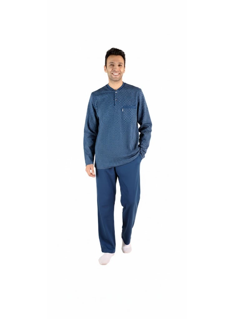 Men Winter Pajama Set Long Sleeve & Plain Bottom-Petrol Blue