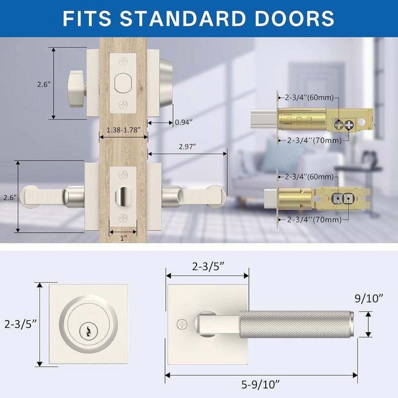 Amerdeco Front Door Lock Set with Double Cylinder Deadbolt, Exterior Entry Door Lever, Heavy Duty Entry Door Locksets for Left or Right Hand Exterior Door（Brushed Satin Nickel 2 Pack） - Image 2