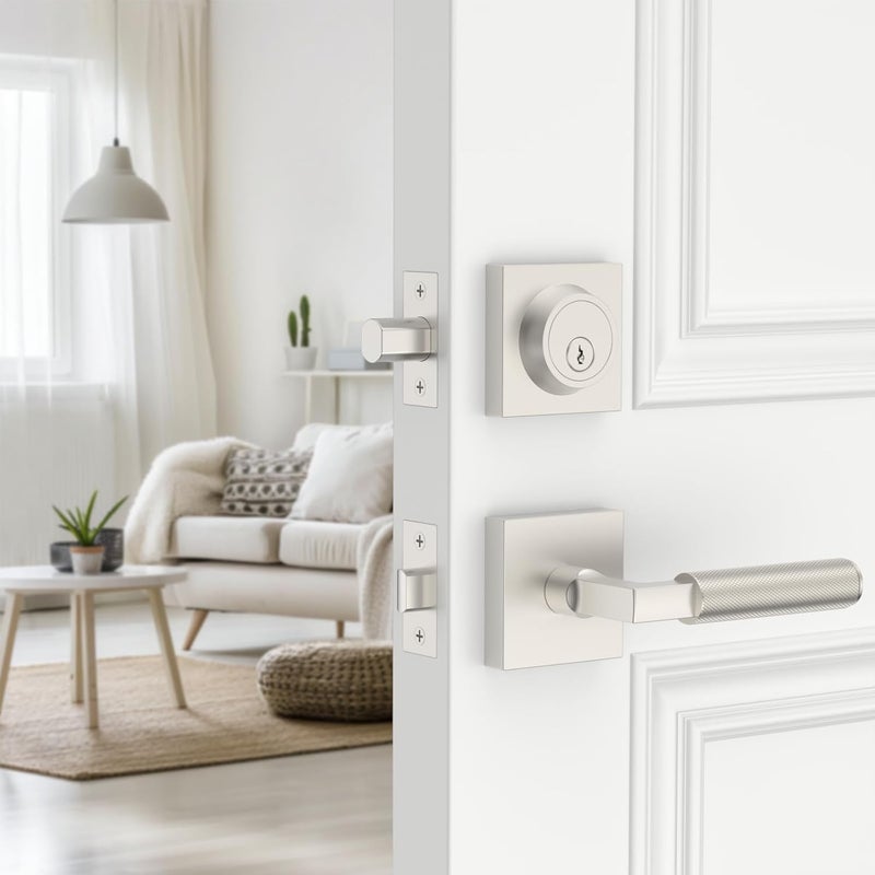 Amerdeco Front Door Lock Set with Double Cylinder Deadbolt, Exterior Entry Door Lever, Heavy Duty Entry Door Locksets for Left or Right Hand Exterior Door（Brushed Satin Nickel 2 Pack） - Image 1
