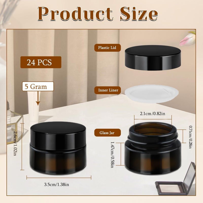 Cositina 24 Pack 5g Amber Glass Cream Jars Round Cosmetic Vials Pot Refillable Makeup Bottle Containers with Lids&Inner Liners for Lotion Cream Ointments Lip Balm Eyeshadow Slime - Image 2