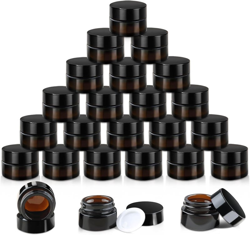 Cositina 24 Pack 5g Amber Glass Cream Jars Round Cosmetic Vials Pot Refillable Makeup Bottle Containers with Lids&Inner Liners for Lotion Cream Ointments Lip Balm Eyeshadow Slime - Image 1