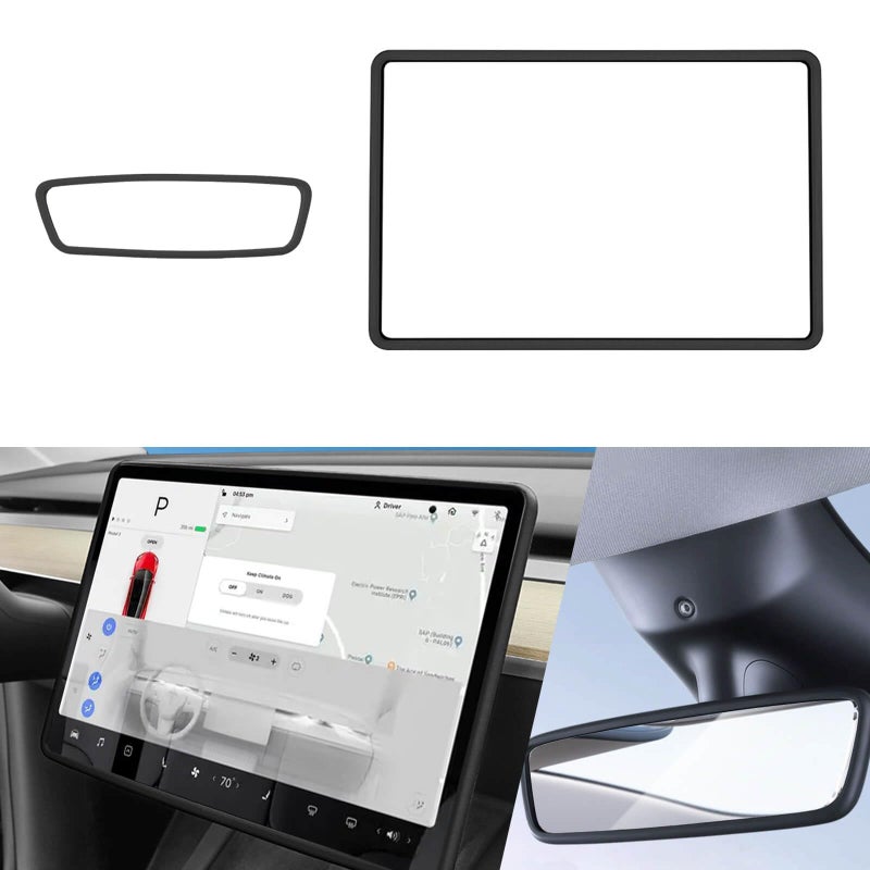 Yeapop 2Pcs Silicone Protector Frames of Screen and Rear View Mirror for Tesla Model 3 20172023 and Model Y 2019Feb2025 Black