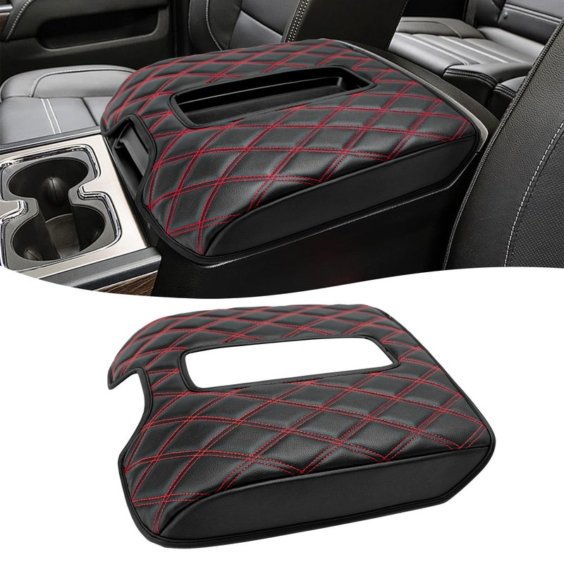 KBH Center Console Armrest Cover for Chevy Silverado GMC Sierra 1500 2500 3500 20142018 Tahoe Suburban Yukon 20152020 Bucket Seat Console Vinyl Leather BlackRed Double Stitch