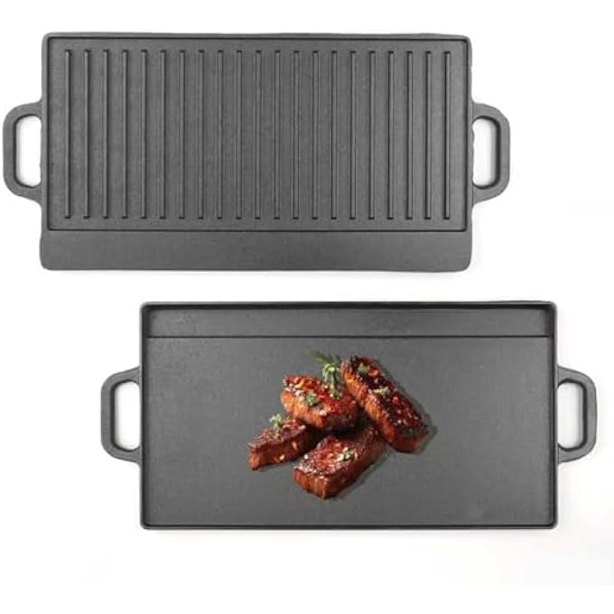 Beauenty 2In1 Cast Iron Griddle PlateReversible Grill Griddle PanRectangular Cast Iron Grill PlateDouble Burner Stove Top Skillet With Handles50 * 23Cm 2In1