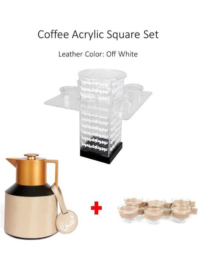Lamsit Ibdaa Coffee Thermo Flask – Tea Vacuum Pot - Heat Insulated Thermos – Arabic Carafe – Jug Dalla – Drink Cups – Square Acrylic Set (Off White, Coffee Set) - Image 3