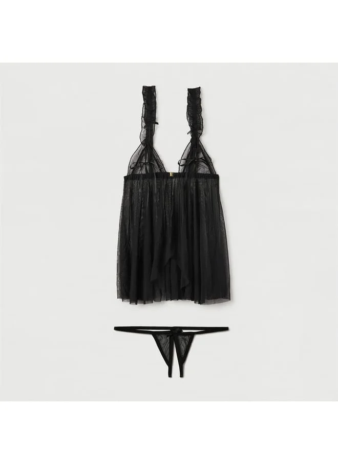 FAV Solid Bow Accent Babydoll with Crotchless Thongs