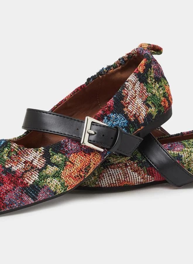 Styli Black Printed Round Toe Ballerina Shoes for Women | Best Price UAE
