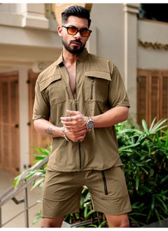 Maniac Mens Solid Front Full Zipper Khaki Jacket and Khaki Shorts Nylon Oversized Co-Ords  - Image 1