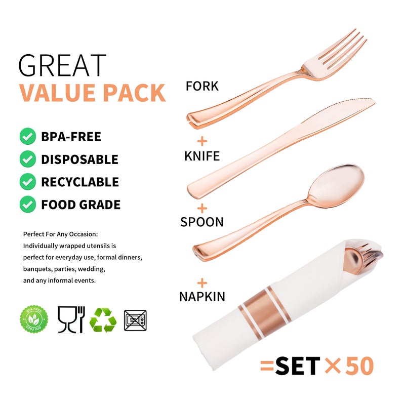 ISFANGCO 50 Pack Pre Rolled Rose Gold Plastic Silverware Set with Napkins Disposable Wrapped Heavy Duty Cutlery Set for Wedding Birthday Party-50 Forks Knives Spoons Utensils Set Plasticware Bulk - Image 3