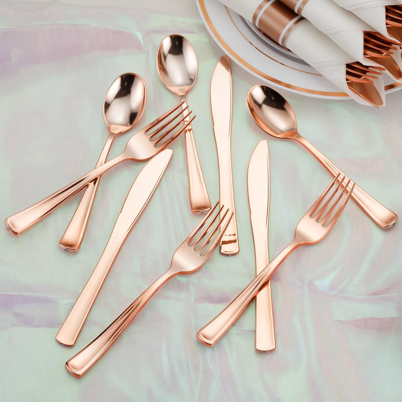 ISFANGCO 50 Pack Pre Rolled Rose Gold Plastic Silverware Set with Napkins Disposable Wrapped Heavy Duty Cutlery Set for Wedding Birthday Party-50 Forks Knives Spoons Utensils Set Plasticware Bulk - Image 5