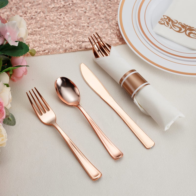 ISFANGCO 50 Pack Pre Rolled Rose Gold Plastic Silverware Set with Napkins Disposable Wrapped Heavy Duty Cutlery Set for Wedding Birthday Party-50 Forks Knives Spoons Utensils Set Plasticware Bulk - Image 4