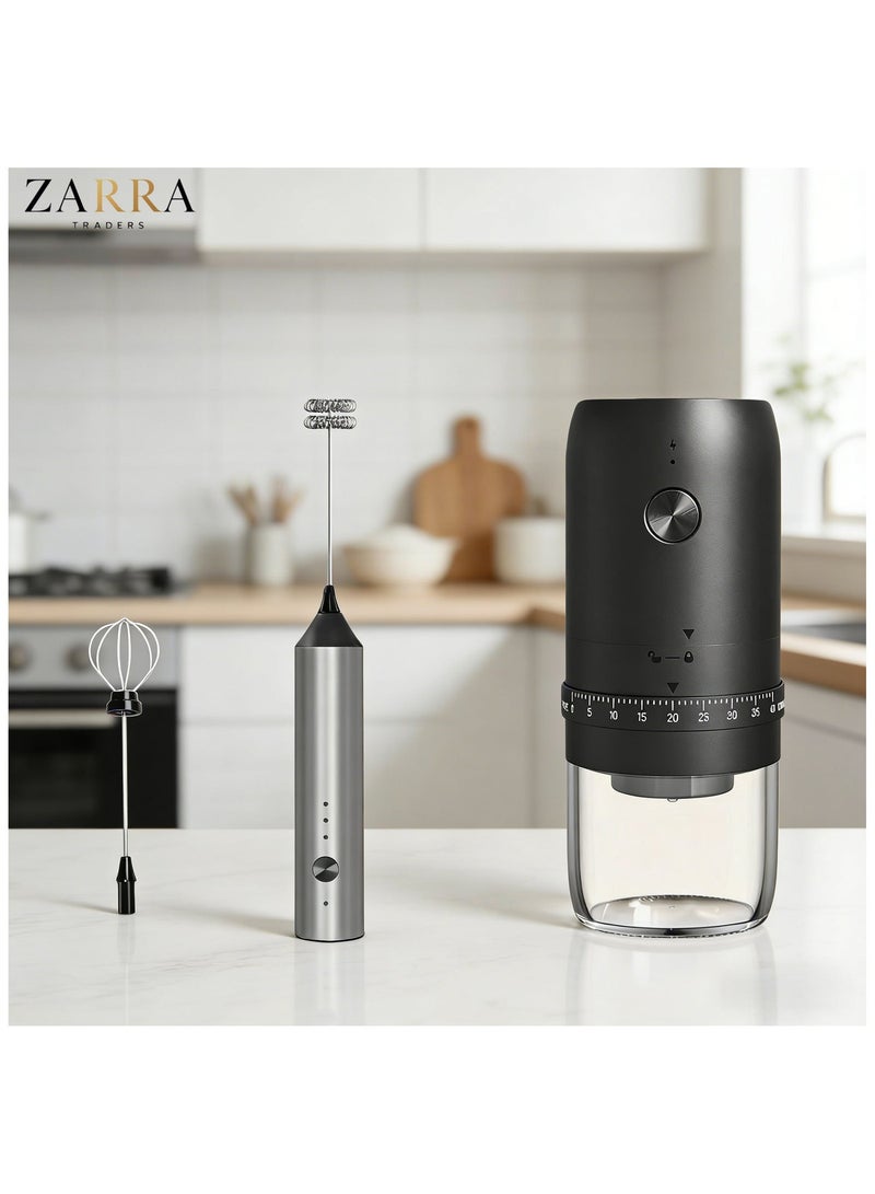 تُجَّار زَرَّة حزمة مطحنة القهوة الكهربائية ومخفوق الحليب ثنائية الاستخدام 2-في-1 | مطحنة قهوة كهربائية قابلة للشحن مزودة بطحن مخروطي مع 40 إعداداً قابلاً للتعديل + جهاز خفق الحليب بثلاث سرعات لتحضير اللاتيه والكابتشينو والإسبريسو وطريقة V60 والفرنش برس ونسكافيه والشوكولاتة الساخنة - Image 1